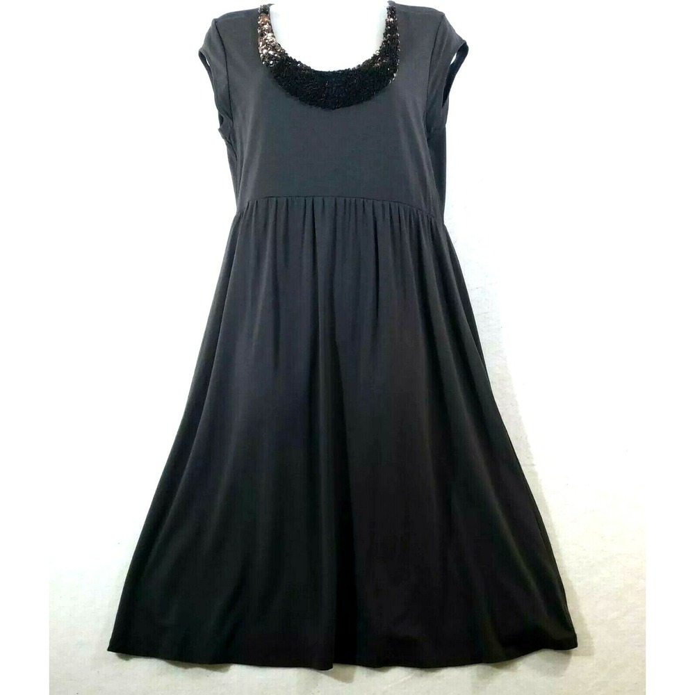 Garnet Hill Women Medium Fit & Flare Dress Charcoal Sequined Cap Sleeve Stretch